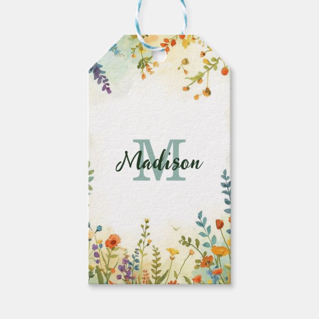 Färgglatt vårblomma vildblombukett monogram presentetikett (Framsidan)