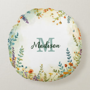 Färgglatt vårblomma vildblombukett monogram rund kudde