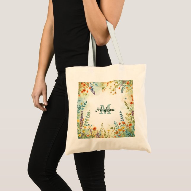 Färgglatt vårblomma vildblombukett monogram tygkasse (Framsida (produkt))