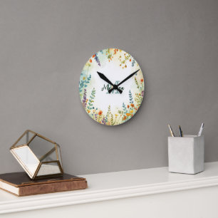 Färgglatt vårblomma vildblomsbukett monogram rund klocka