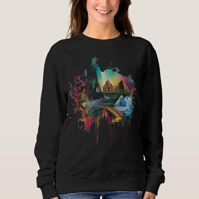 Färgglatt världens landmärken collageaffisch t shirt (Framsida)