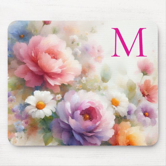 Färgglatt Vattenfärg Blommigt Mall Monogram Musmatta (Framsidan)