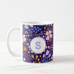 Färgglatt vattenfärg blommönster vår monogram kaffemugg