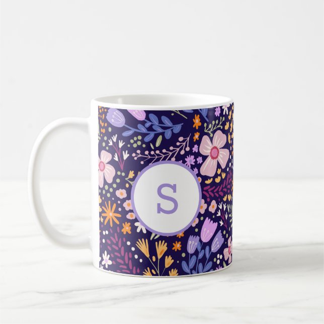 Färgglatt vattenfärg blommönster vår monogram kaffemugg (Vänster)