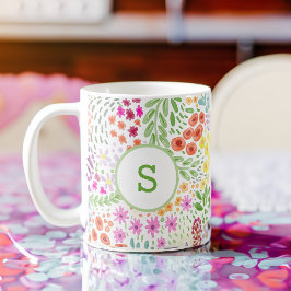 Färgglatt vattenfärg blommönster vårmonogram kaffemugg