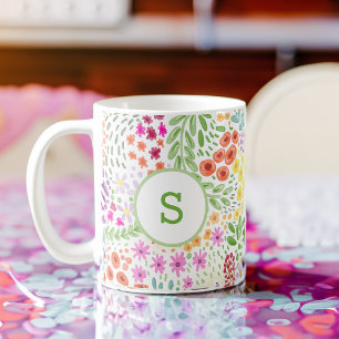 Färgglatt vattenfärg blommönster vårmonogram kaffemugg