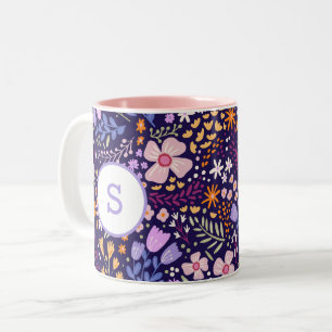 Färgglatt vattenfärg blommönster vårmonogram Två-Tonad mugg
