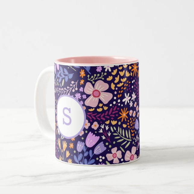 Färgglatt vattenfärg blommönster vårmonogram Två-Tonad mugg (Framsida vänster)