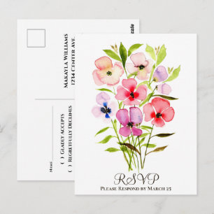 Färgglatt vattenfärg blomsterbukett bröllop RSVP Vykort