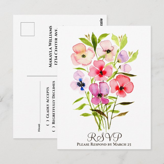 Färgglatt vattenfärg blomsterbukett bröllop RSVP Vykort (Fram/baksida)