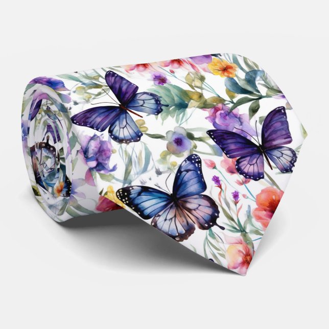 Färgglatt Vattenfärg Fjärilar Blommönster Slips (Rullad)