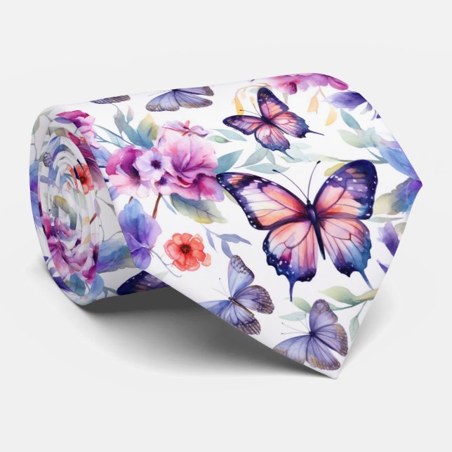 Färgglatt Vattenfärg Fjärilar Blommönster Slips (Rullad)