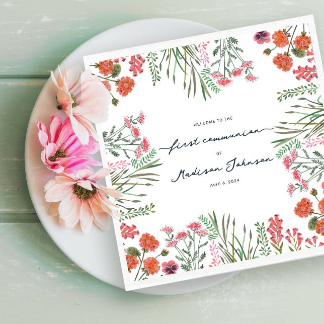 Färgglatt Vildblomma Första Kommunion Pappersservett (Colorful Wildflower First Holy Communion Napkins)
