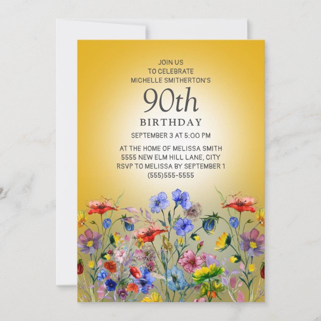 Färgglatt vildblomma Gult solsken 90-årsdag Inbjudningar (Framsida)