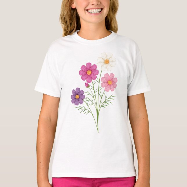 Färgglatt Vildblomsbukett Flickor T-Shirt Sött Fl (Framsida)