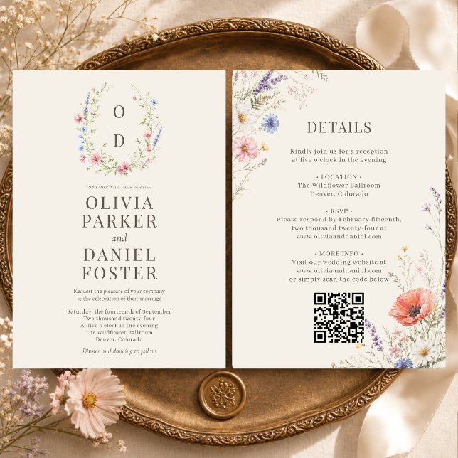 Färgglatt vildblomsmonogram QR-kod Boho-bröllop Inbjudningar (Skapare uppladdad)