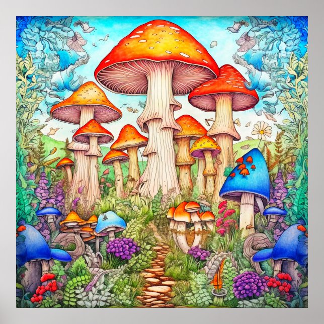 Färgglatt Vilt Psykedeliskt Svamp Skog Poster (Framsidan)