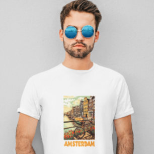 Färgglatt Vintage Amsterdam Holland Kanal Stad T Shirt