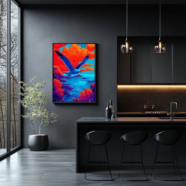 Färgglidande måsflykt över livfull kust poster (Skapare uppladdad)