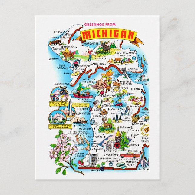 Färgglikt Michigan-vintagekarta vykort (Framsida)