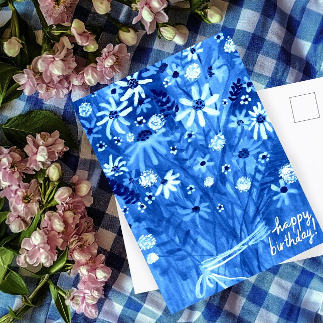 Färgglott bukett med tusenskönor blå födelsedag vykort (Colorful Daisy Bouquet Blue Happy Birthday Postcard
)