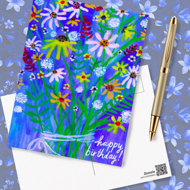 Färgglott bukett med tusenskönor Blå Glad födelsed Vykort (Happy birthday blue bouquet watercolor postcard. Customize with your own text)