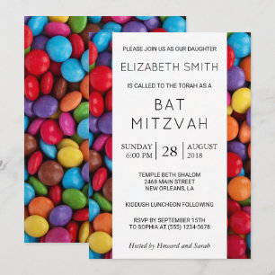 Färggodis, godisknappar, sötsaker, Bat mitzvah Inbjudningar