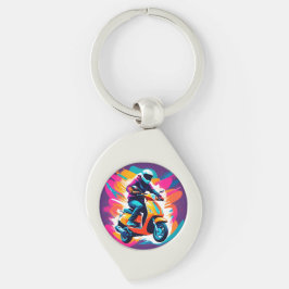 Färggrafik bild av en person som Riding Swirl Silverfärgad Nyckelring