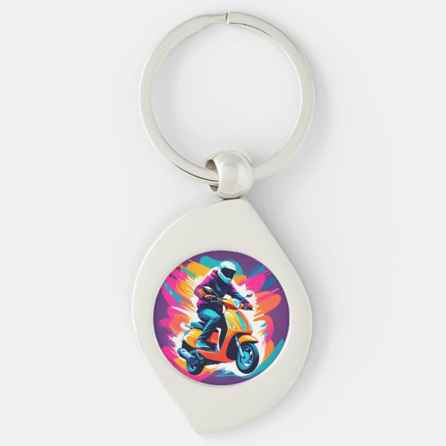 Färggrafik bild av en person som Riding Swirl Silverfärgad Nyckelring (Framsidan)
