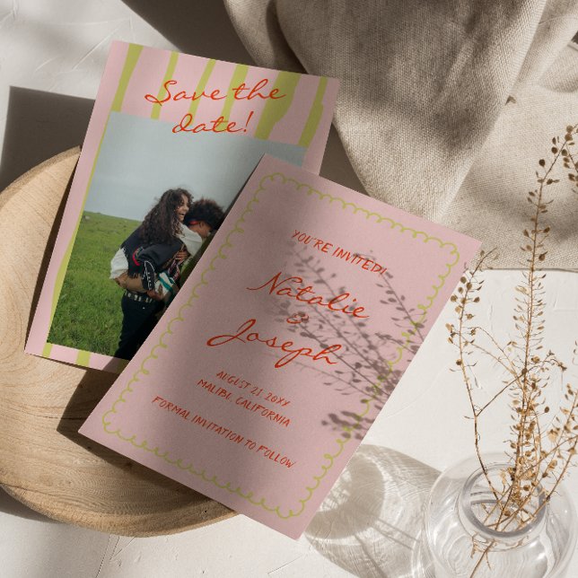 Färggrafik, handskriven Retro Streck Photo Bröllop Spara Datumet (Skapare uppladdad)