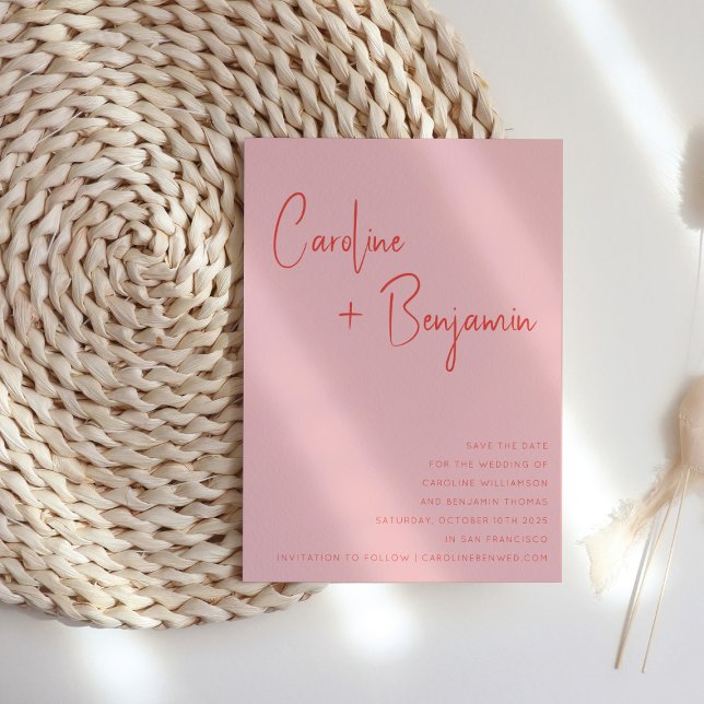 Färggrafik Modern Boho Rosa Red Script Bröllop Spara Datumet (Skapare uppladdad)