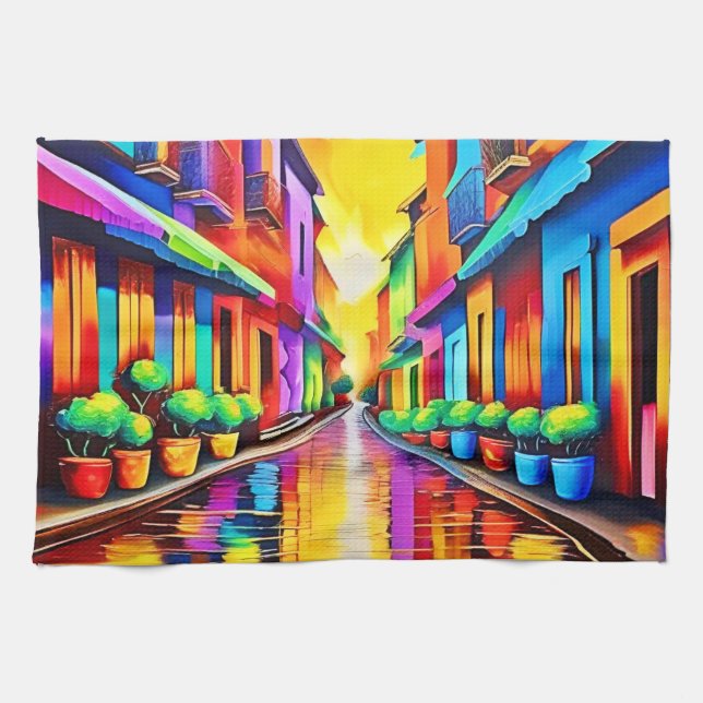 Färggrafik på gatuscen kökshandduk (Horisontell)