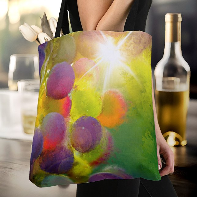 Färggrafik Vin Älskare Tote Bag Tygkasse (A modern designer bag featuring a colorful painting of grapes in the sun)