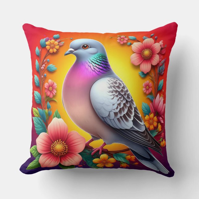 Färggranduva omringad av Vibrant Flowers Kudde (Framsida)