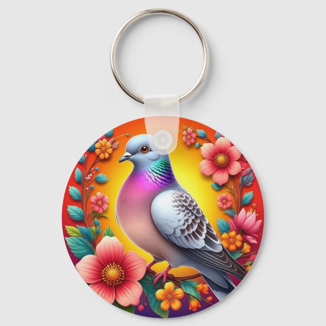 Färggranduva omringad av Vibrant Flowers Nyckelring (Framsida)