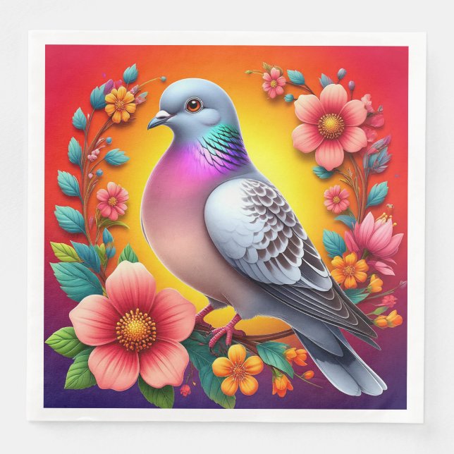 Färggranduva omringad av Vibrant Flowers Pappersservett (Framsida)