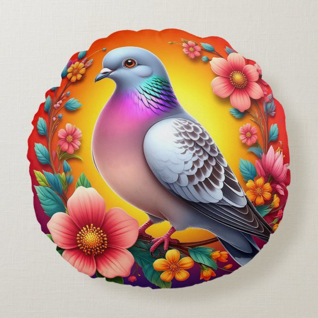 Färggranduva omringad av Vibrant Flowers Rund Kudde (Framsidan)