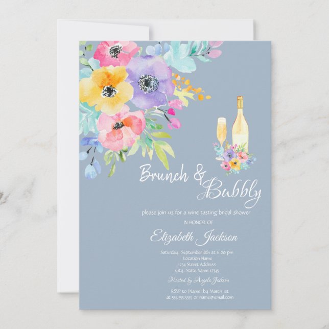 Färggranna vårblommor Dammigt blått Brunch & Bubbl Inbjudningar (Framsida)