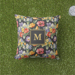 Färggranna vårblommor Monogram trädgård Kudde