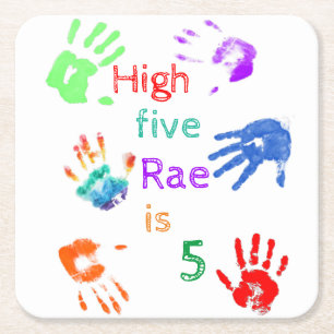 Färghandavtryck födelsedag med Personlig Namn Underlägg Papper Kvadrat