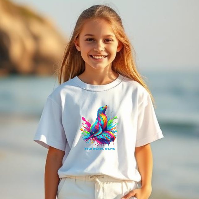Färghav Lejona Stänk T Shirt (Colorful Sea Lion-Fisherman Core-Dopamine Dressing-kids T shirt)