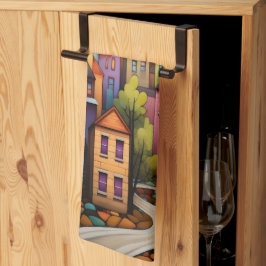 Färghus och träd i fall kökshandduk