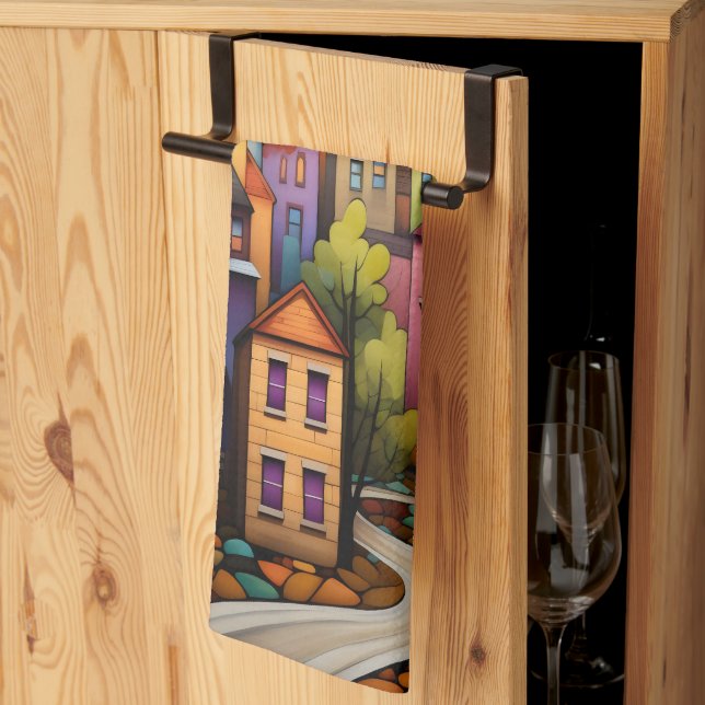 Färghus och träd i fall kökshandduk (Thirds Fold)