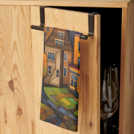 Färghus och träd i fall kökshandduk