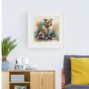 Färgig pittbul sitta på skateboard poster