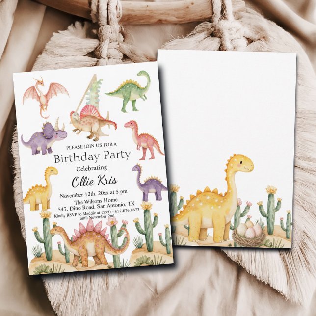 Färgiga dinosaurier 4e födelsedagen Party Inbjudningar (Skapare uppladdad)