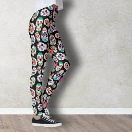 Färgiga Döskallar av socker Mönster på svart Leggings