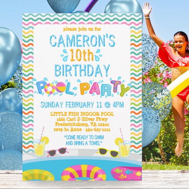 Färgiga flickor födelsedag Stänk Bassäng Party Inbjudningar (Colorful Girls Splash Pool Party Birthday Invitation)