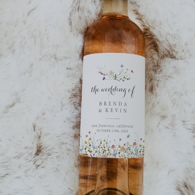 Färgiga Vilder Blommor Bröllop Vin-etiketter Vinflaska Etikett (Skapare uppladdad)