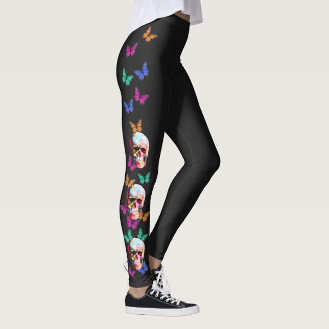 Färgigt gotin Sugar Skull med fjärilar Leggings (Höger)